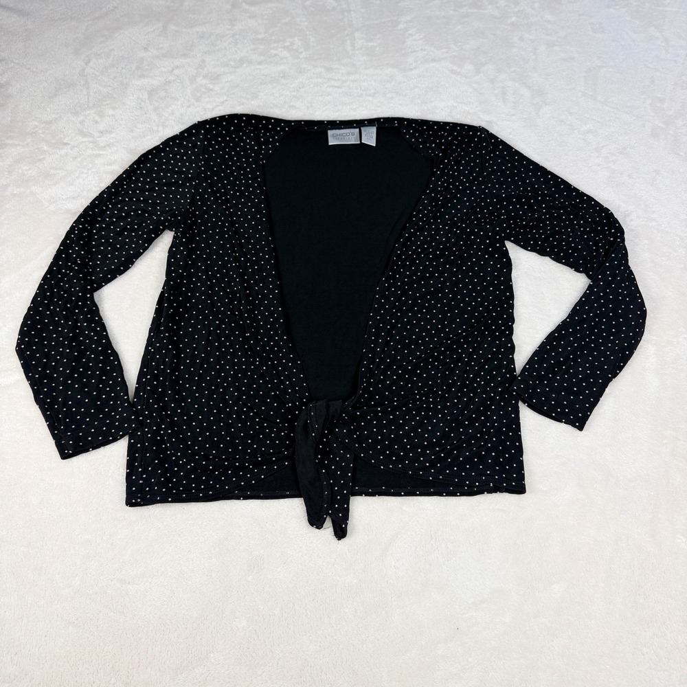 Chico's Travelers Tie Front Cardigan Size 1 M Black White Polka Dot Wrinkle Free